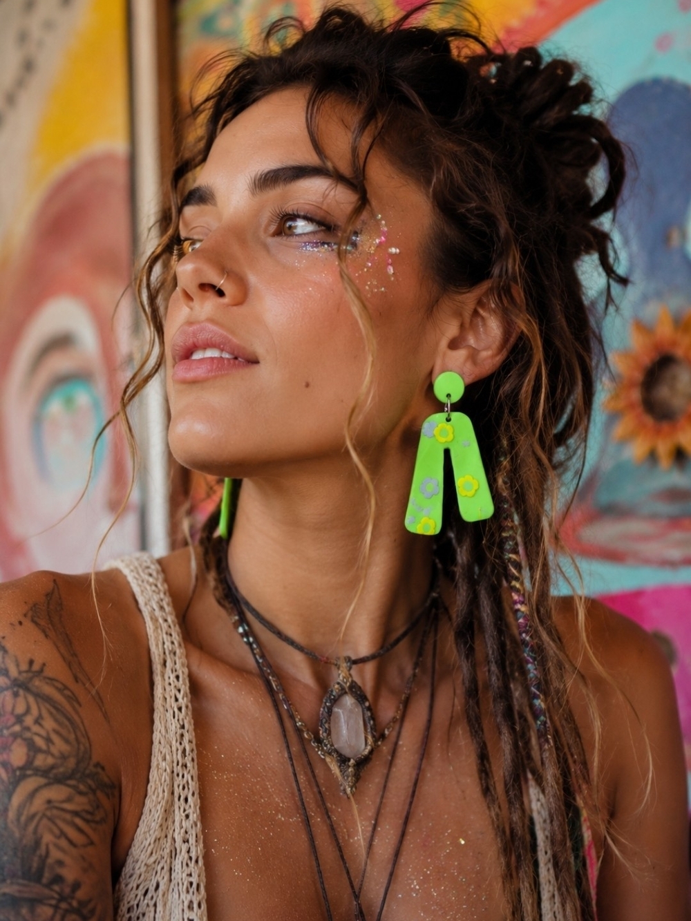 4/$15 Neon Green Floral Statement Drop Post Earrings - Women Jewelry